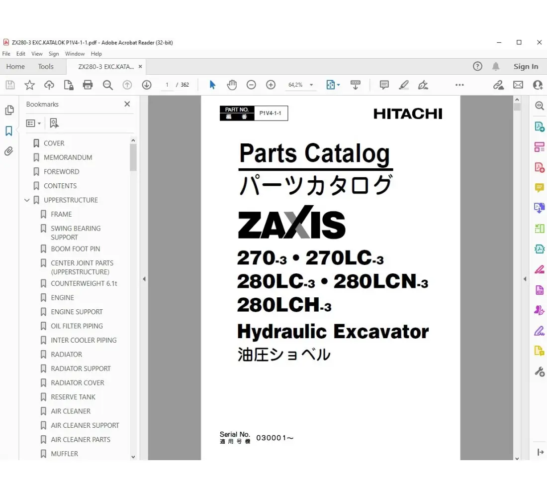 Hitachi Excavator Zaxis ZX270-3 ZX280LC-3 parts manual